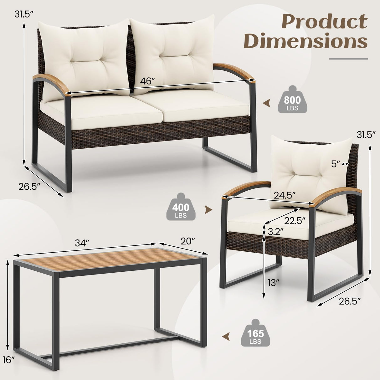 Tangkula 4 Piece Patio Conversation Set, with Heavy Duty Solid Acacia Wood Armrests & Tabletop, Outdoor Cushioned Wicker Furniture Set for Backyard, Poolside, Lawn, Blacony (1, Off White) Tangkula