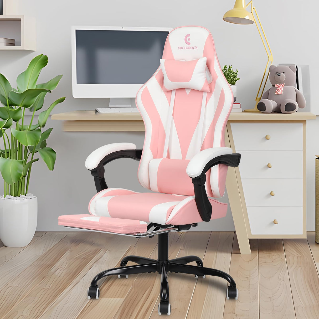 ErgoDesign Gaming Chair with Linkage Armrest & Footrest, High Back Video Gaming Chair, Pink/White ErgoDesign