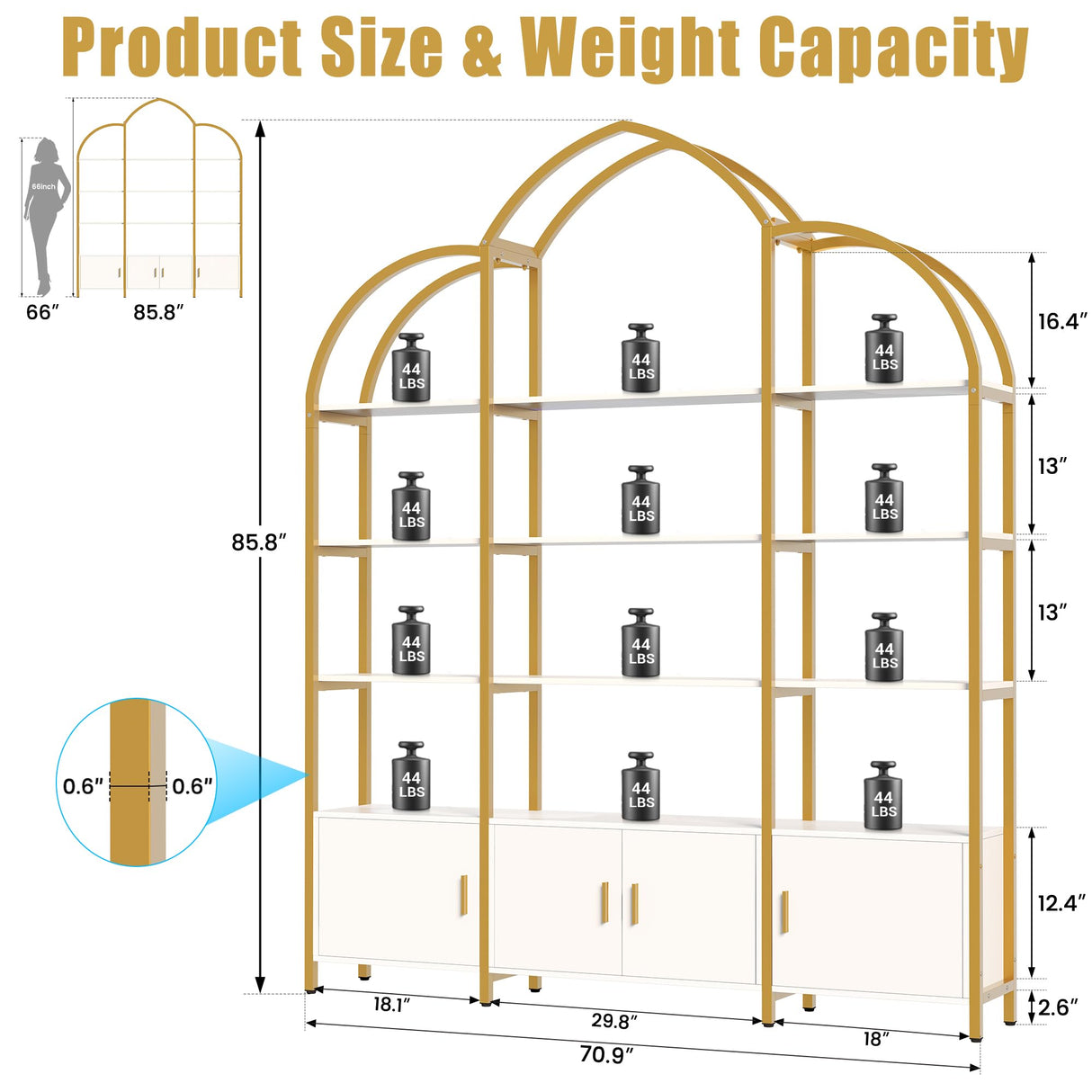 Nosepen 86" Gold Bookshelf, Triple Wide 5 Tier Arched Bookshelves & Bookcases with Storage, Large Modern Metal Book Shelf Stand for Bedroom/Living Room/Office Display Shelves, White & Gold Nosepen