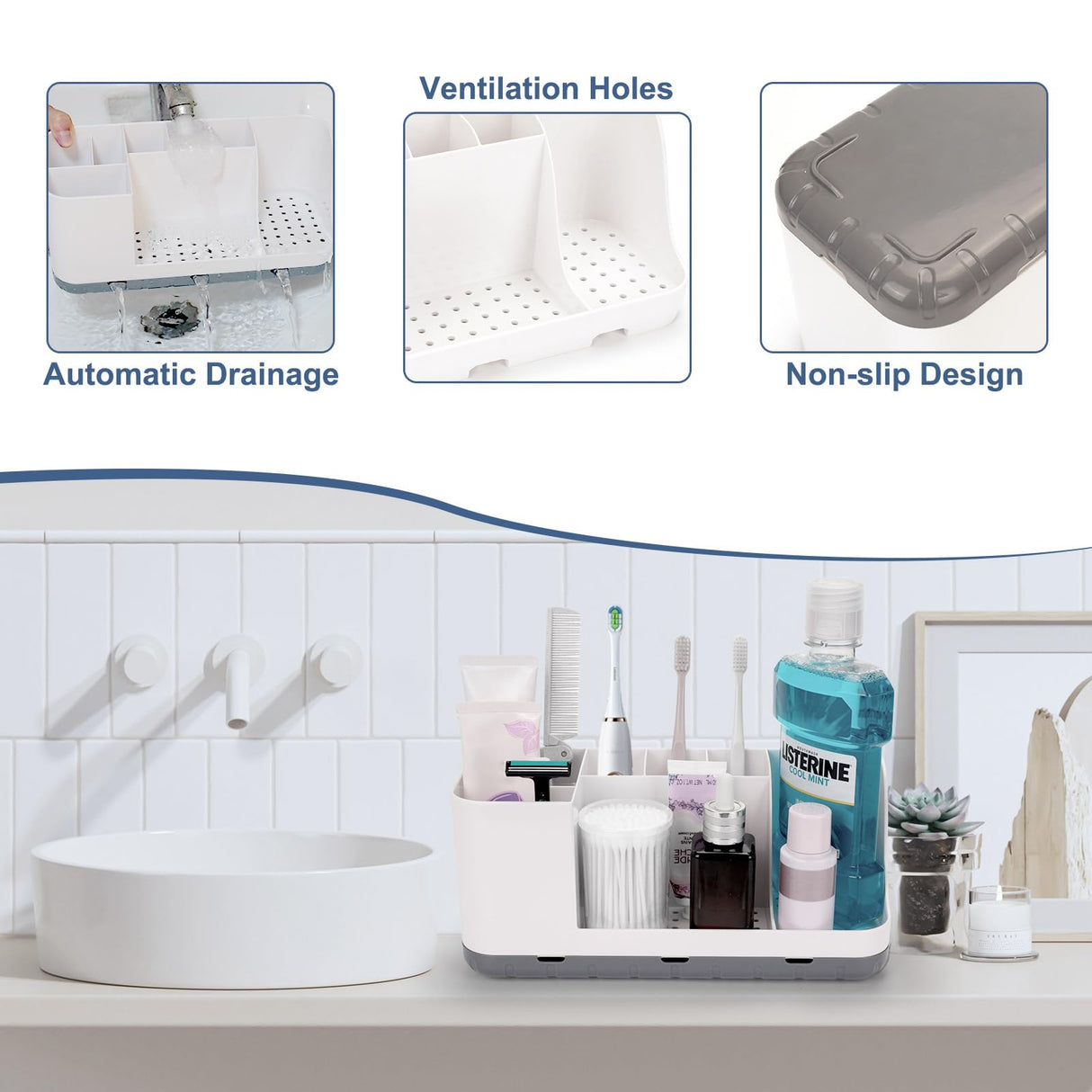 QIYVLOS Bathroom Organizers and Storage, 8 Slots Detachable Toothbrush Holders for Bathrooms, Anti-Slip Bathroom Countertop Organizer with Drainage Hole Vanity Storage (White) QIYVLOS