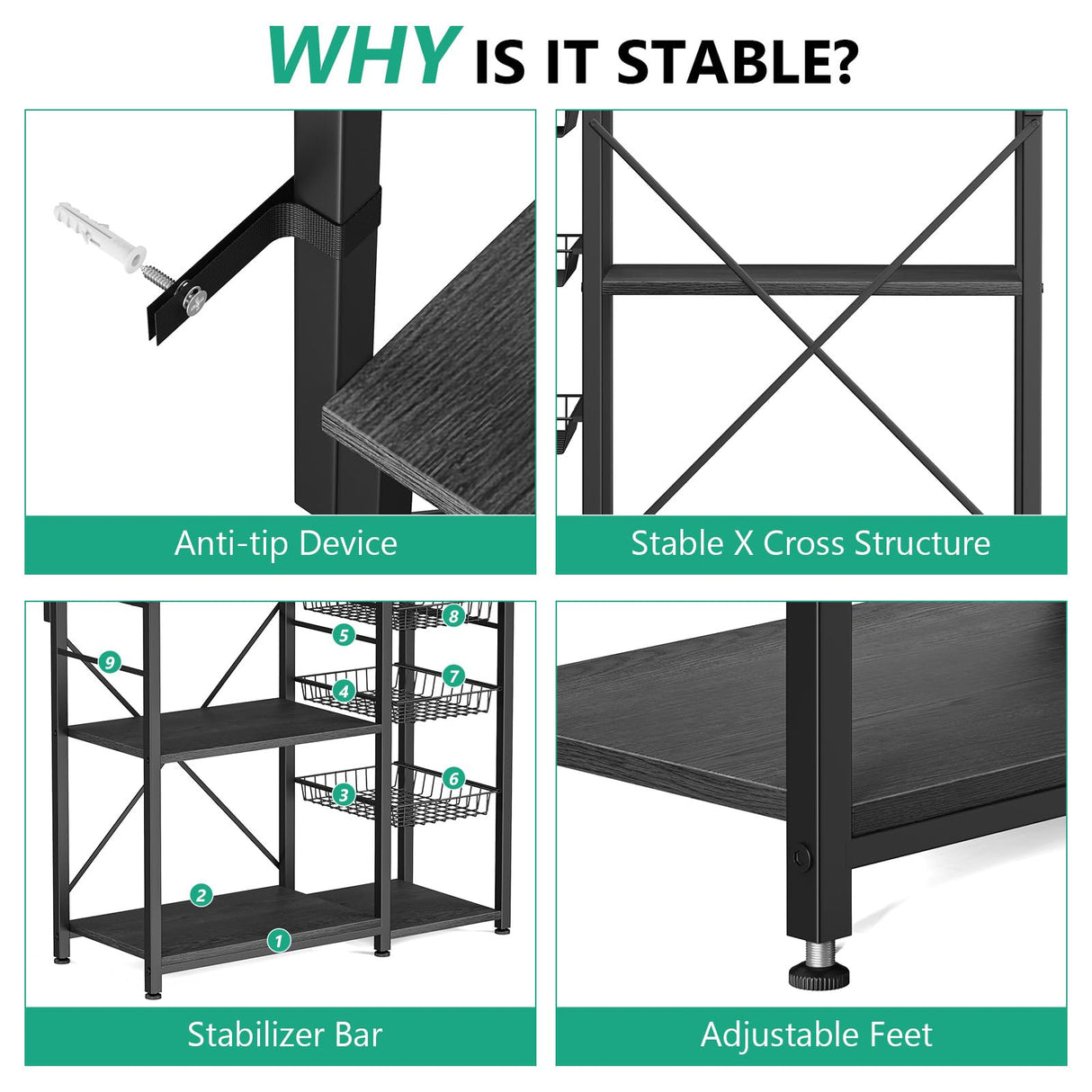 Kalrin 38.8 Inch Grey Oak Bakers Rack with Power Outlets and Hooks Kalrin