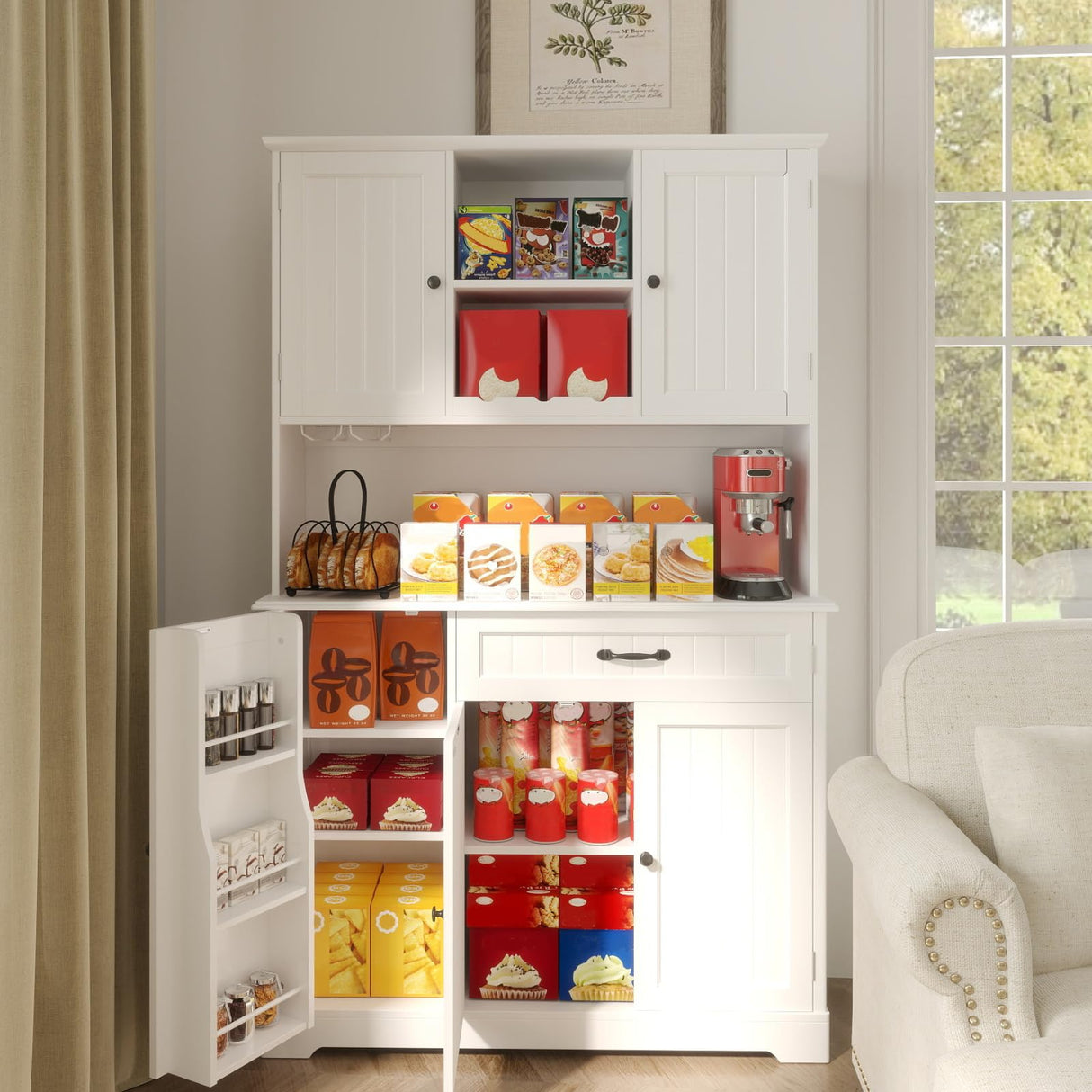 Gizoon 67" Kitchen Pantry Cabinet with Microwave Shelf Tall Coffee Bar Cabinet with Doors and Shelves Farmhouse Kitchen Hutch Cabinet with Storage for Kitchen Bathroom and Living Room, White Gizoon