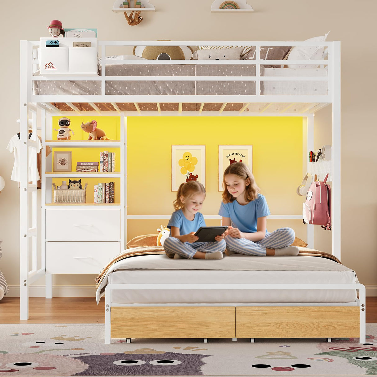 DICTAC Twin Over Full Bunk Bed with 4 Storage Drawers and 3-Tier Open Bookshelf Metal Bunk Bed with LED Lights,Charging Station and Organizer Pegboard,bunk Beds with Safety Guardrail and Ladder,White DICTAC