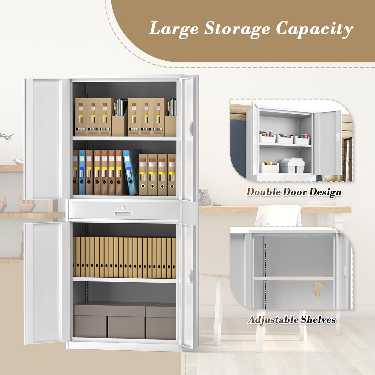 Athena Collection 4 Tier Metal Storage Cabinet with Drawer, 71" Garage Storage Cabinet with Adjustable Shelves, Lockable File Tool Tall Cabinet for Home Office Garage, White Athena Collection