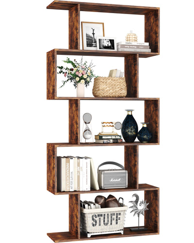 Yusong Bookshelf 5-Tier, Geometric Bookcase S Shaped Book Shelves for Bedroom, Modern Industrial Wood Decorative Display Shelf Book Case for Home Office, Rustic Brown