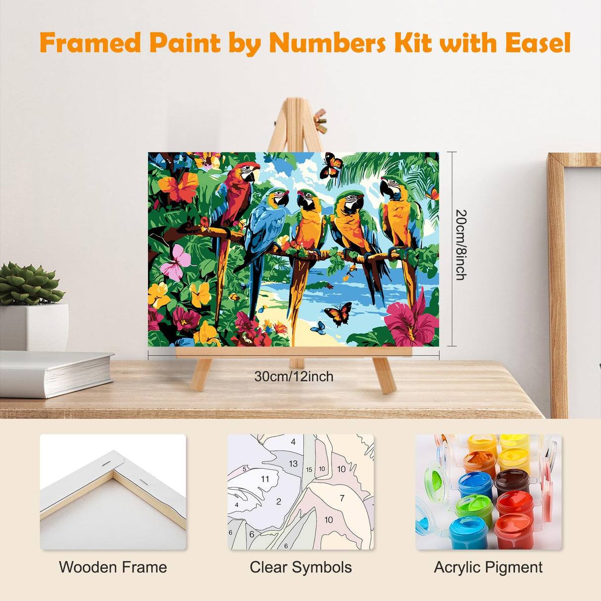 MOGTAA Parrot Paint by Numbers Kit for Adults Beginners with Frame, Landscape Adult Paint by Number Kits on Canvas with Easel, Easy DIY Flowers Oil Painting Kits for Home Decor, 8x12in MOGTAA