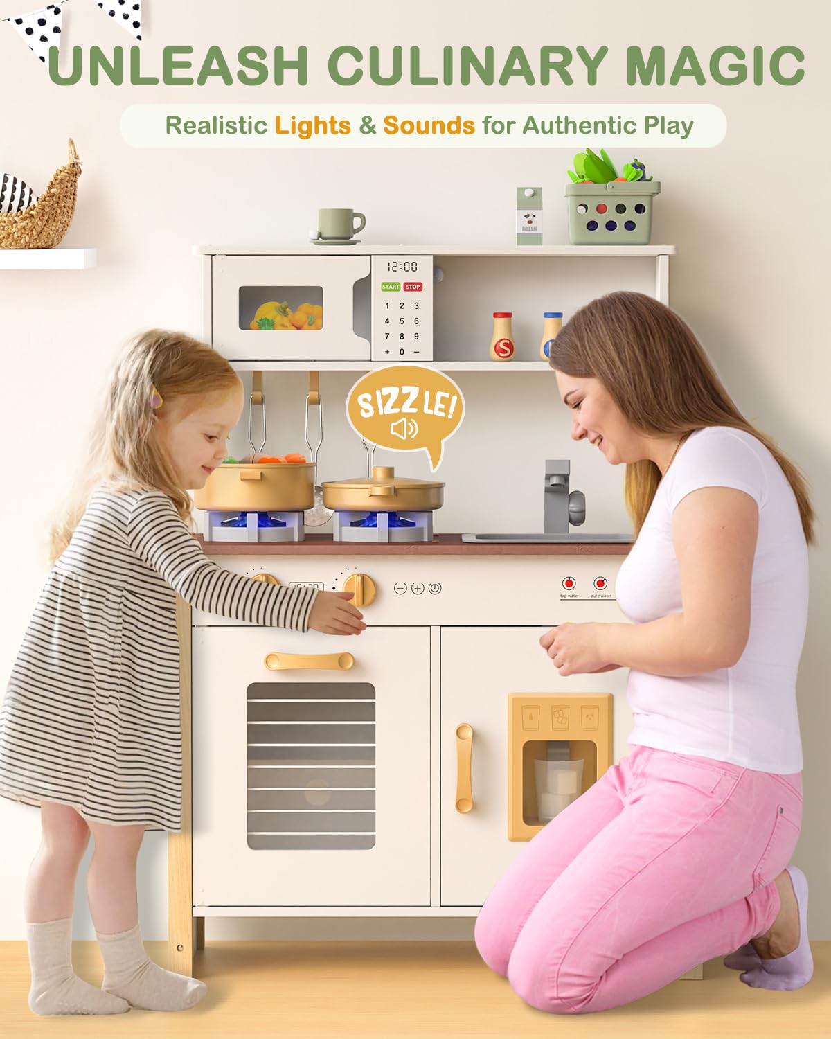 Babytronic Kids Play Kitchen, Wooden Kitchen Playset for Kids Ages 3+ with Real Lights, Sounds, Stove, Sink, Oven, and 30 Pcs Accessories, Toys Kitchen Small Pretend Play Kitchen for Toddlers (White) Babytronic