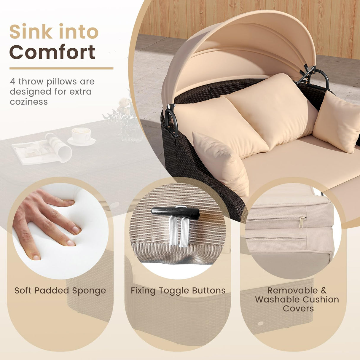 Moccha Outdoor Daybed with Retractable Canopy - PE Rattan Double Chaise Lounge w/Soft Cushions, Pillows, Ottoman, Outside Sunbed, Wicker Loveseat Sofa, Sectional Conversation Set, Patio Furniture Set LDAILY