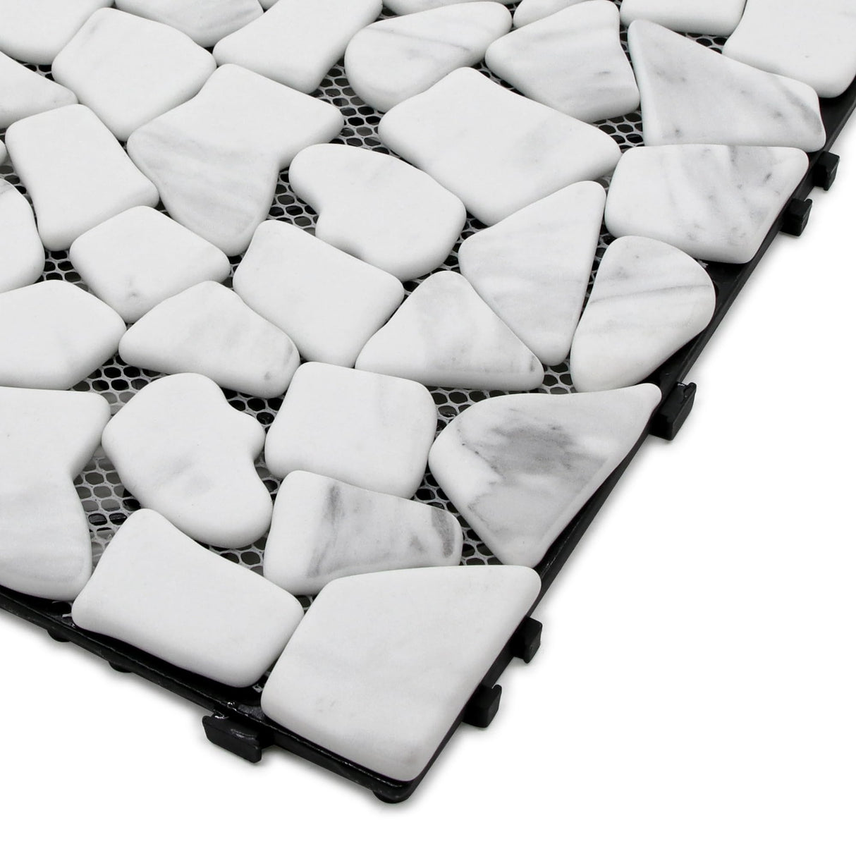 SUNWINGS 4PCS Natural Stone Interlocking Deck Tiles 12"x12" Pebble Waterproof Patio Deck, Outdoor Indoor Floor Decking Tiles for Porch Poolside Balcony Backyard, Carrara White sunwings