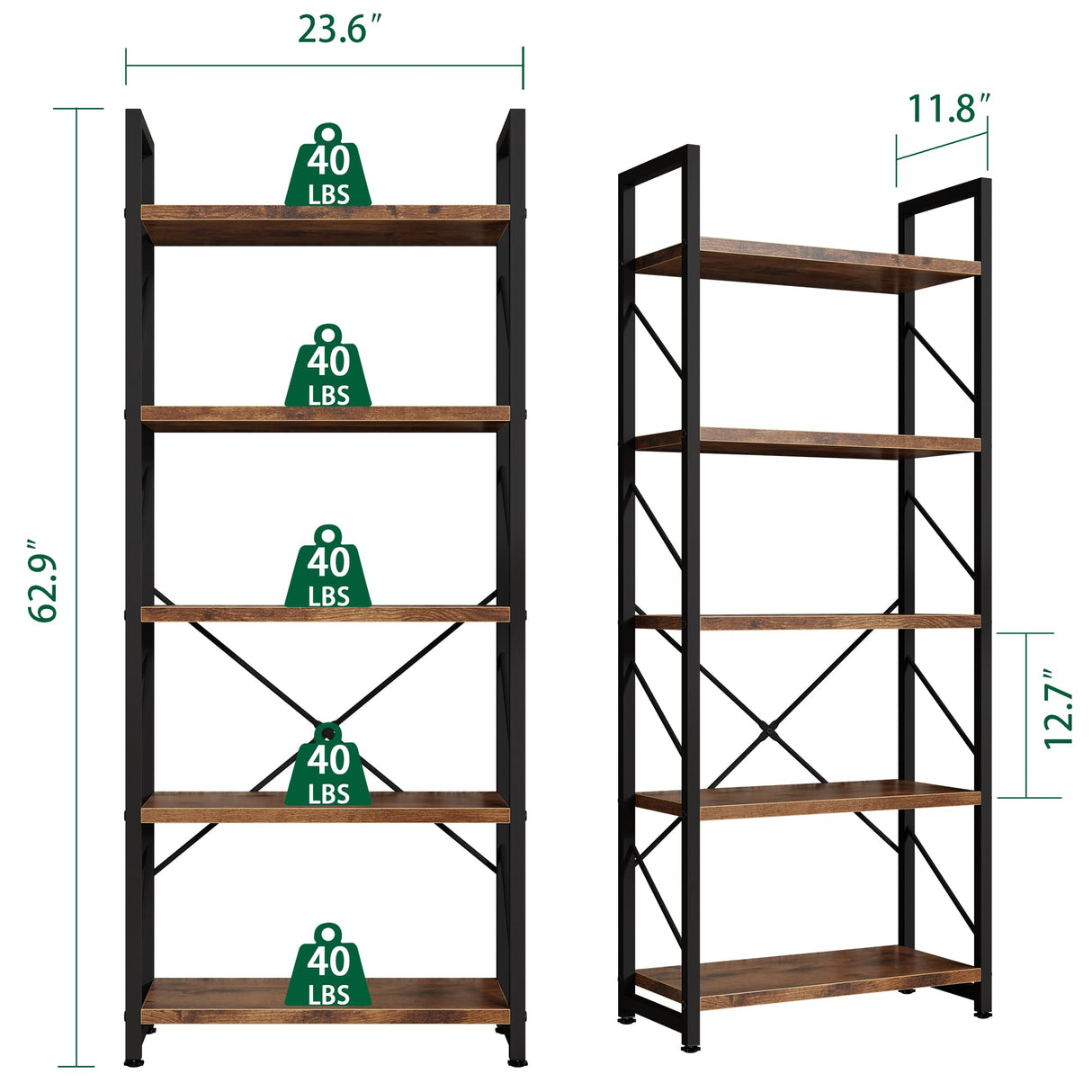 5 Tiers Bookshelf, Classically Tall Bookcase Shelf, Industrial Book Rack, Modern Book Holder in Bedroom/Living Room/Home/Office, Storage Rack Shelves for Book, Brown Shintenchi