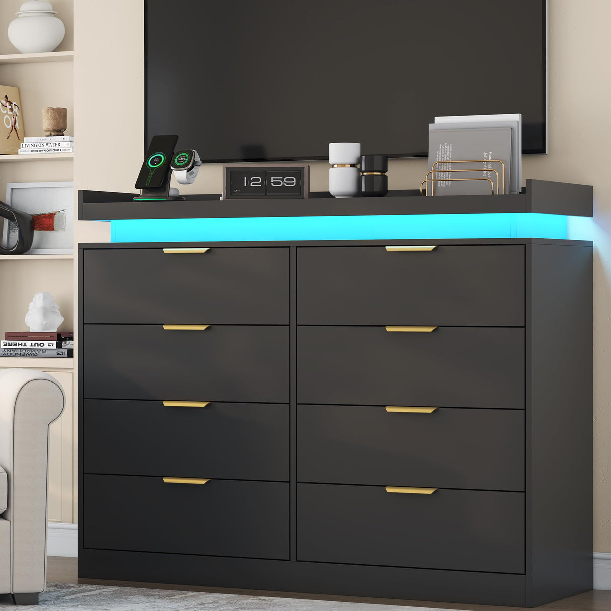 UNIQUITE 8 Drawer Dresser for Bedroom, Black Dresser with LED Lights and Power Outlet, Wooden Dressers Chests of Drawers, Double Wide Dressers for Bedroom, Entryway, Hallway UNIQUITE