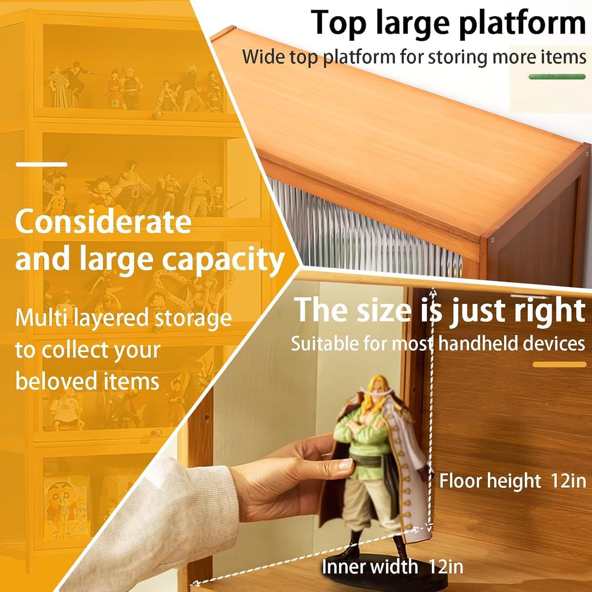 iusyugh 5-Tier Display Cabinet with Acrylic Glass Door, 65.5" High Display Case, Transparent Curio Cabinet&Bookcase for Collectibles, Toys, Books, for Playroom, Bedroom, Study Room (Wooden flip Door) iusyugh