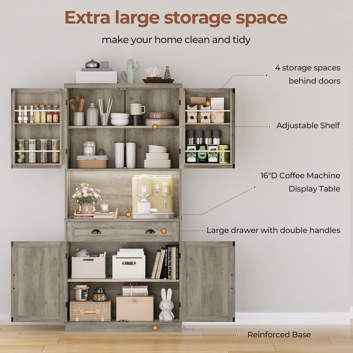 UPOSOJA Farmhouse Kitchen Pantry Cabinet with Operation Table, 72.6" Storage Cabinet with LED Lights and Power Strip, Adjustable Shelves for Dining Room, Bathroom, Living Room (Gray) UPOSOJA