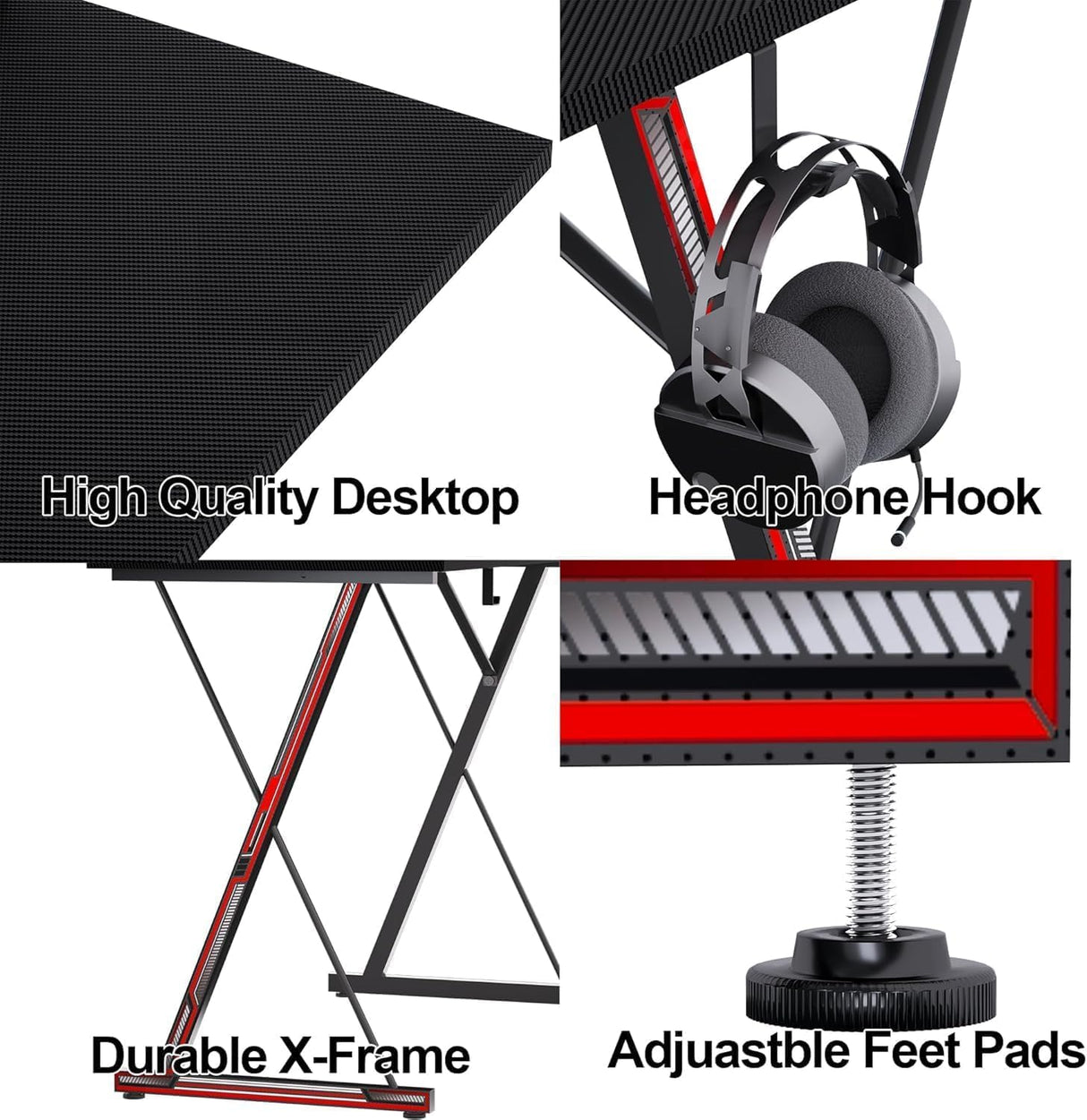 TIQLAB Gaming Desk with Power Outlets & LED 40 Inch Ergonomic Computer Carbon Fiber Surface Gamer Desk, Large Monitor Stand, Headphone Hook, PC Workstation for Bedroom, Black Desk TIQLAB