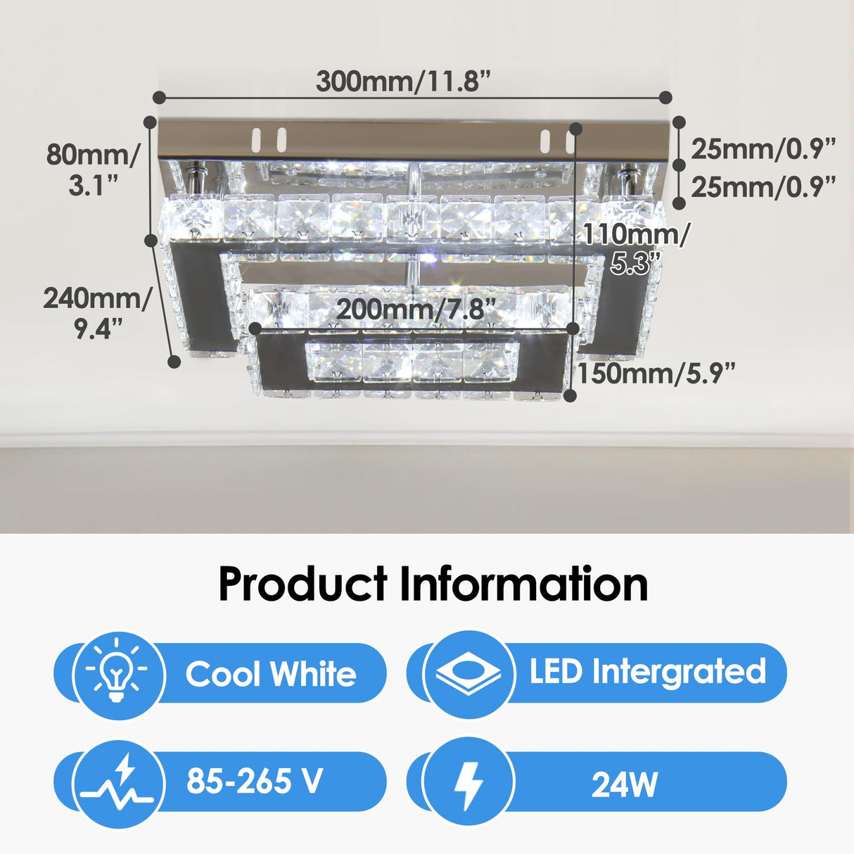 Finktonglan LED Crystal Ceiling Light Modern Flush Mount Rectangular Ceiling Lamp K9 Stainless Steel Ceiling Lights Fixture Chandelier for Living Room Bedroom Dining Room(Cool White) Finktonglan