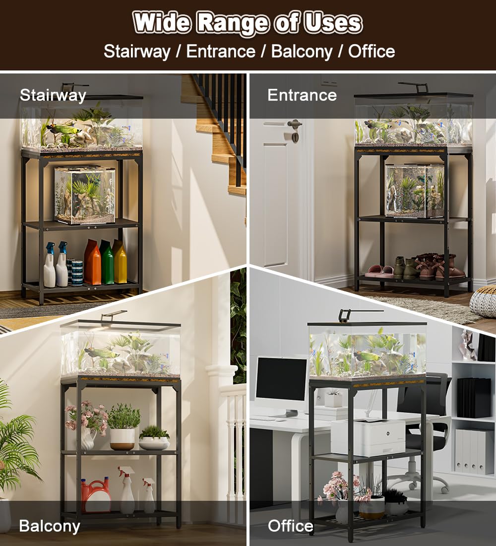 AnBaiMei 20 Gallon Aquarium Stand, Metal Fish Tank Stand with Adjustable 3-Tier Storage Shelf, Heavy Duty Reptile Breeder Turtle Tank Terrarium Rack Table for Home Office, 24" L x 12" W x 32.2" H, Black AnBaiMei