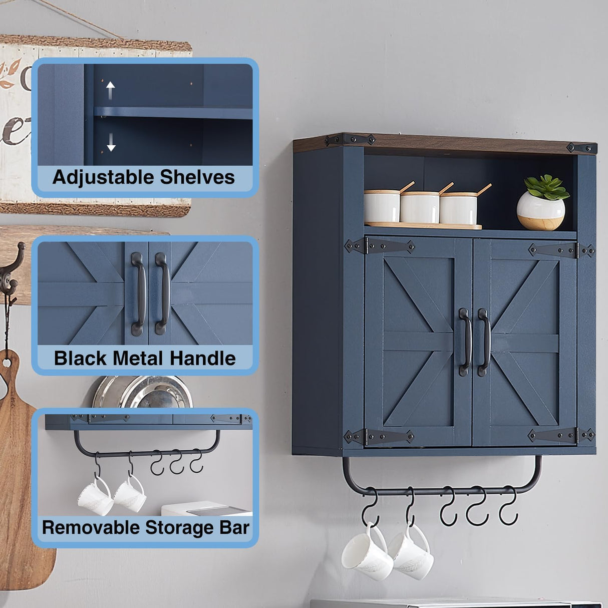 Wnutrees Farmhouse Medicine Cabinet with Two Barn Door, Rustic Wood Wall Cabinet with Adjustable Shelves, Over The Toilet Storage Cabinet with Towel Bar and Hooks for Bathroom, Laundry Room, Blue Wnutrees