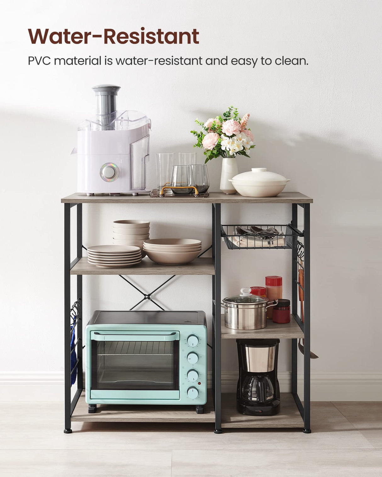 VASAGLE ALINRU Industrial Kitchen Baker's Rack with Wire Basket and Hooks in Greige and Black VASAGLE