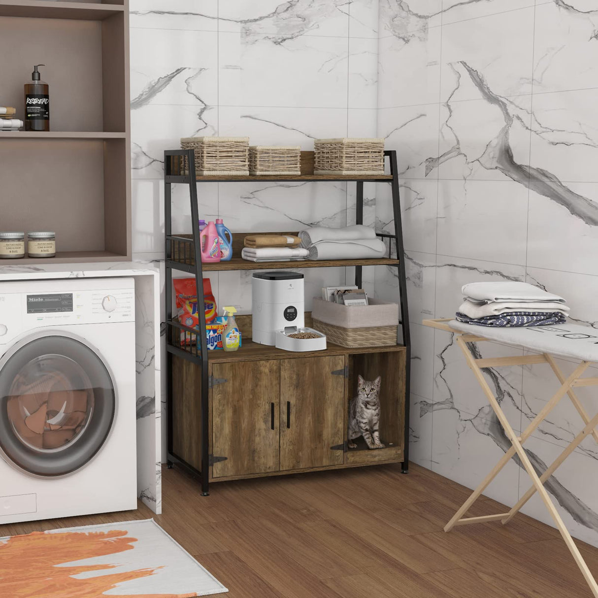 GDLF Large Hidden Cat Litter Box Enclosure Furniture with Shelf Wood Sturdy Cat Washroom Storage with Scratch, Light Brown GDLF