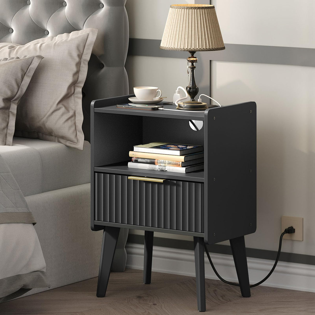 MAHANCRIS End Table Living Room Fluted Night Stand, 15.9" Modern Side Table with Charging Station,Bedside Table with Drawer for Small Spaces, Bedroom, Black ETBK61E01 MAHANCRIS