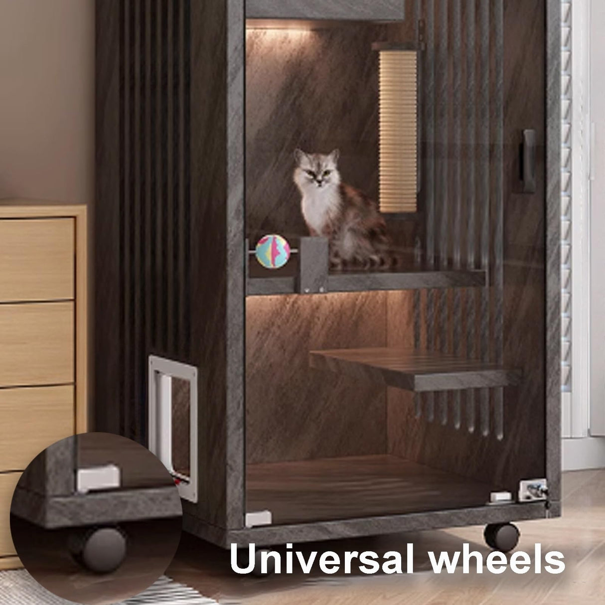 GUQASDV Cat Cage Wood, Catio Indoor Cat Enclosure, Enclosed Cat Playpen, Cat Crate with Wheels and Cat Scratch Post for Ferret, Chinchilla, Small Animals(Black,90x60x120cm) GUQASDV