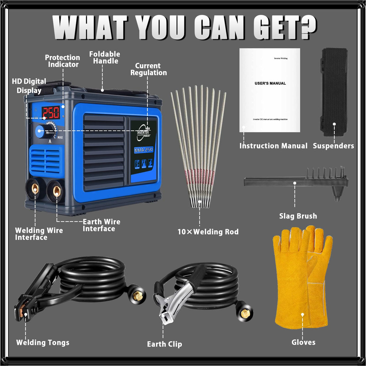 HGNVGZ Stick Welder,Portable Welder Machine 110V IGBT Digital Display LCD Upgraded MMA-250A Welding Machine,Hot Start Arc Force Anti-stick Mini Welde (Blue) HGNVGZ