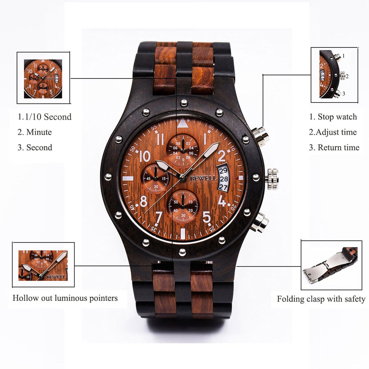 BEWELL W109D Sub-dials Wooden Watch Quartz Analog Movement Date Wristwatch for Men BEWELL