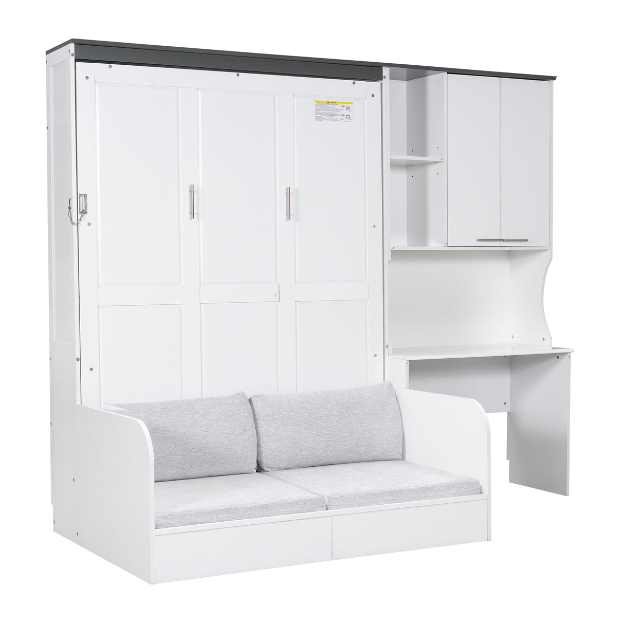 LUMISOL Full Size Murphy Bed with Sofa Couch, Combo Wall Bed with Storage Cabinet and Desk, Fold up Bed, Space-Saving Foldable Design, White LUMISOL