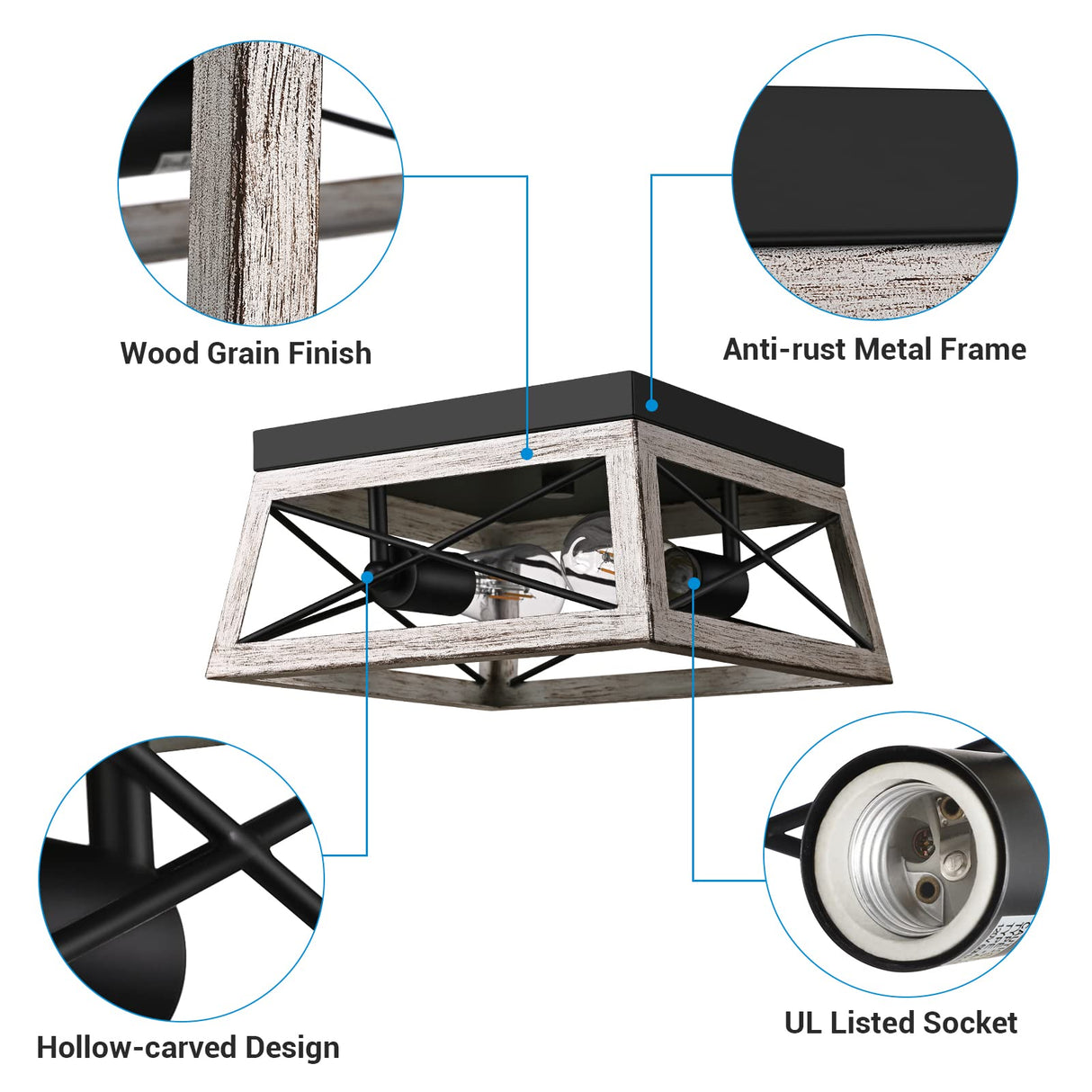 DEWENWILS Farmhouse Flush Mount Ceiling Light, Metal Ceiling Light Fixture with Wood Grain Finish, 2-Lights Hallway Light Fixture Ceiling Mount for Entryway, Foyer, Dining Room DEWENWILS