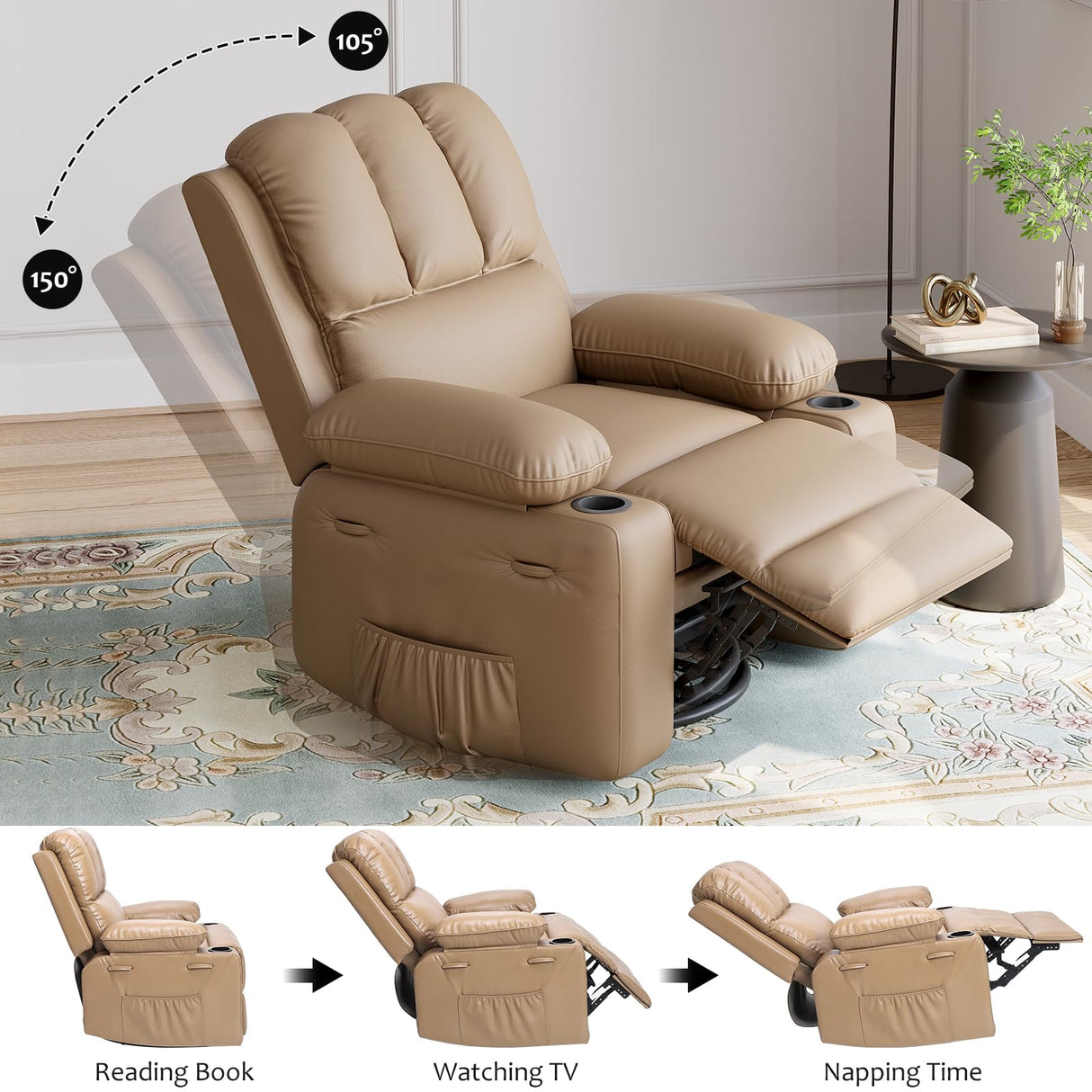 GarveeHome Leather Recliner Chair, Manual Recliner w/Comfortable Arms and Cup Holders for Living Room CF8011 - Khaki, Medium GarveeHome
