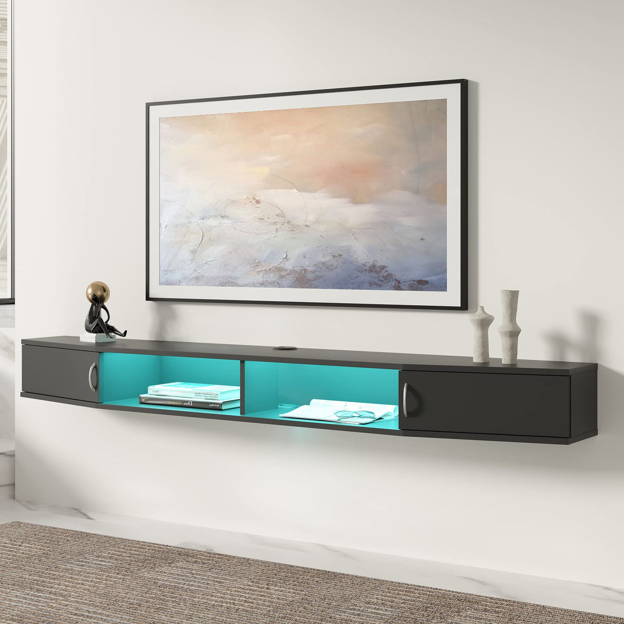 FITUEYES Floating TV Stand Wall Mounted Shelf with 16 LED Lights, Wood Media Console Entertainment Center Under TV, Cabinet Hutch Desk Storage for Home and Office,Black FITUEYES