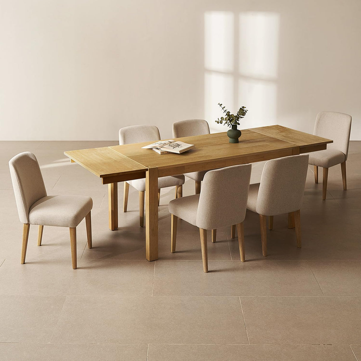 mopio Logan 7 Piece 6 Seater Upholstered Extendable Dining Table Set Beige Dining Chair Set of 6, Modern Farmhouse Solid Wood 7 Piece 91" for Dining Room Kitchen mopio