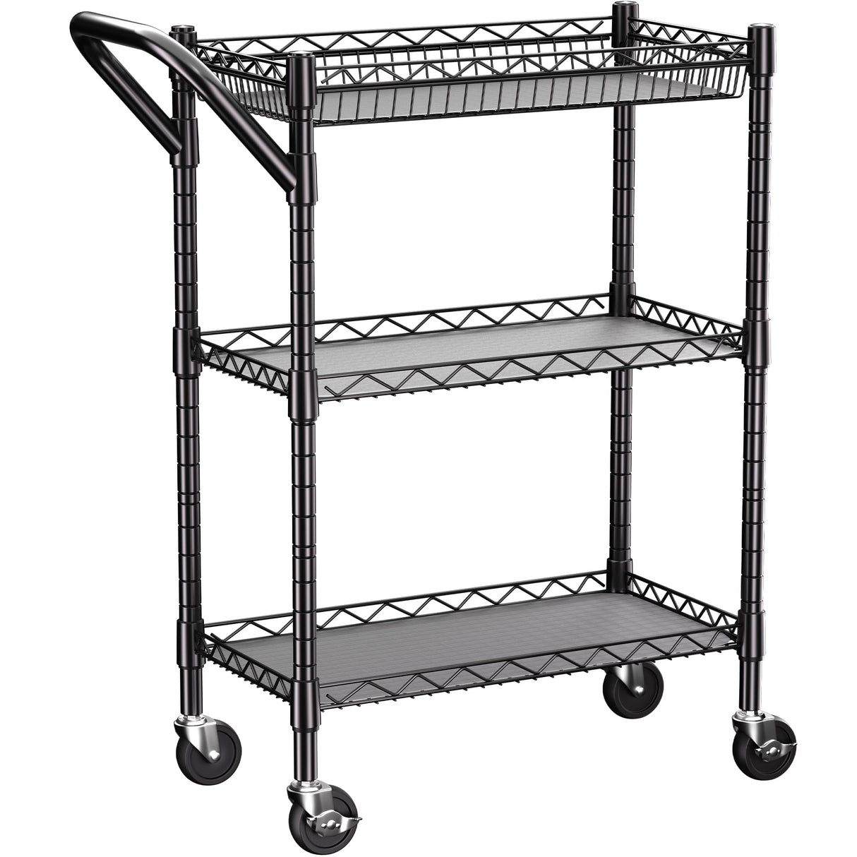 3 Tier Heavy Duty Rolling Utility Cart,18" D x 23.8" W x 36.6" H Rolling Carts with Wheels,Commercial Grade Metal Cart with Handle Bar & Shelf Liner,Trolley Serving Storage Cart for Kitchen Black REGILLER