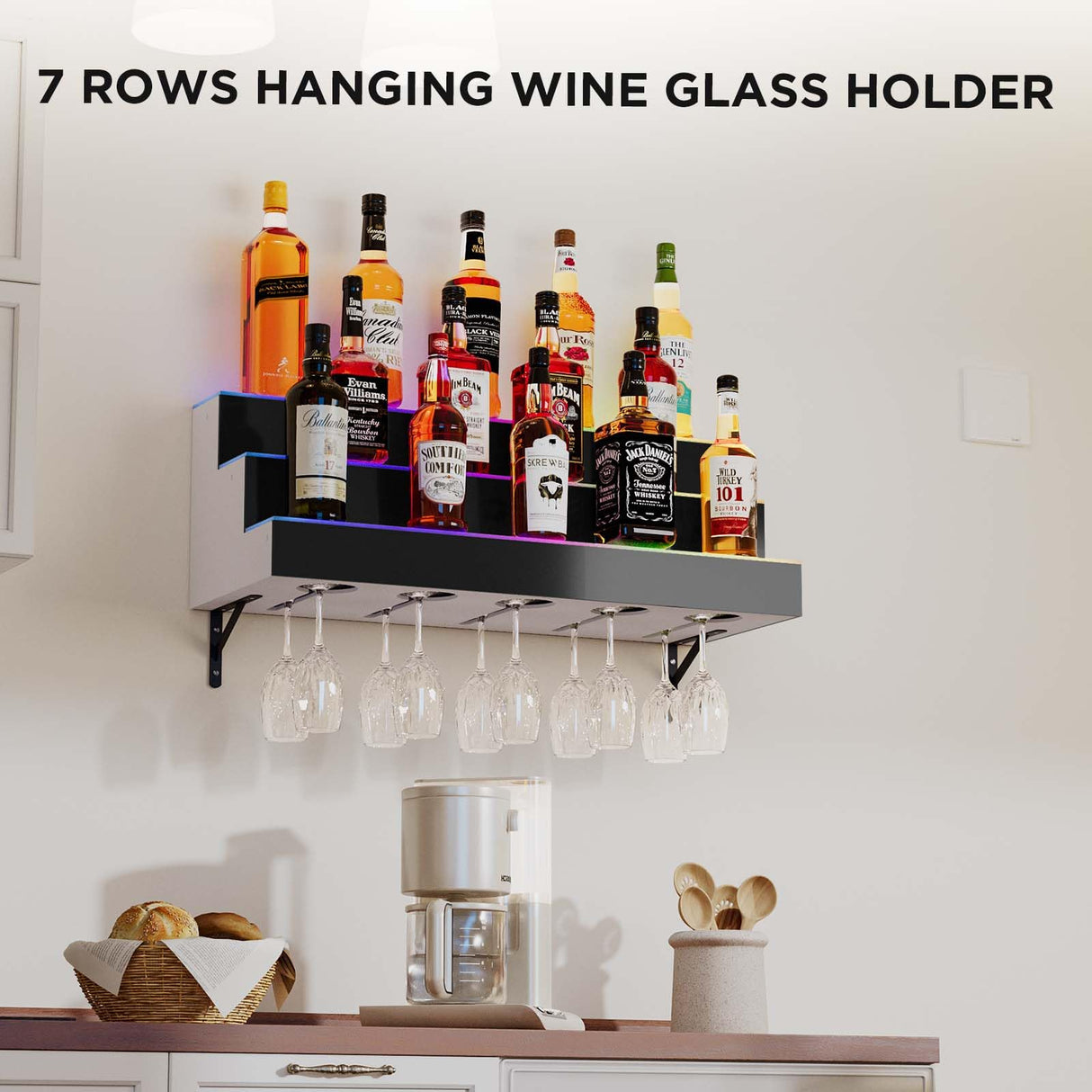 Dethan 3 Tier 30 Inch LED Lighted Liquor Bottle Display Shelf - Wall-Mounted Wine Rack with Multi-Color App & Wireless Remote Control, Adjustable Brightness & Sound Modes, Acrylic Bar Shelves Displays Dethan