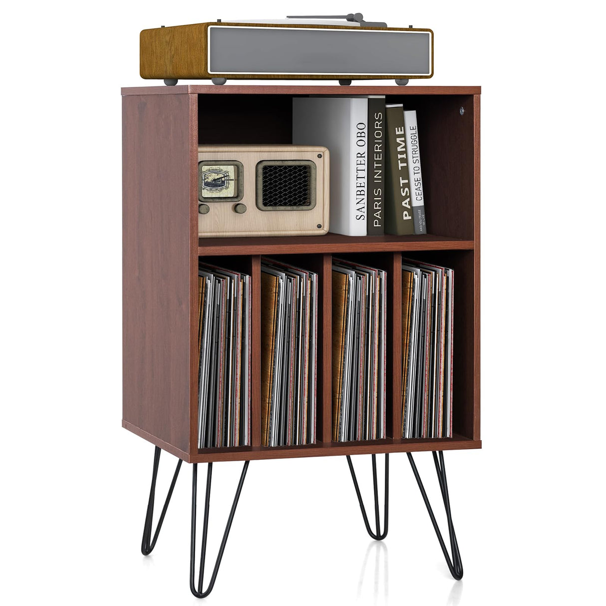 Giantex Record Player Stand, Turntable Stand Holds up to 150 Albums, Mid-Century Vinyl Storage Cabinet Table with Metal Legs, Record Player Holder End Table for Bedroom Living Room, Brown Giantex