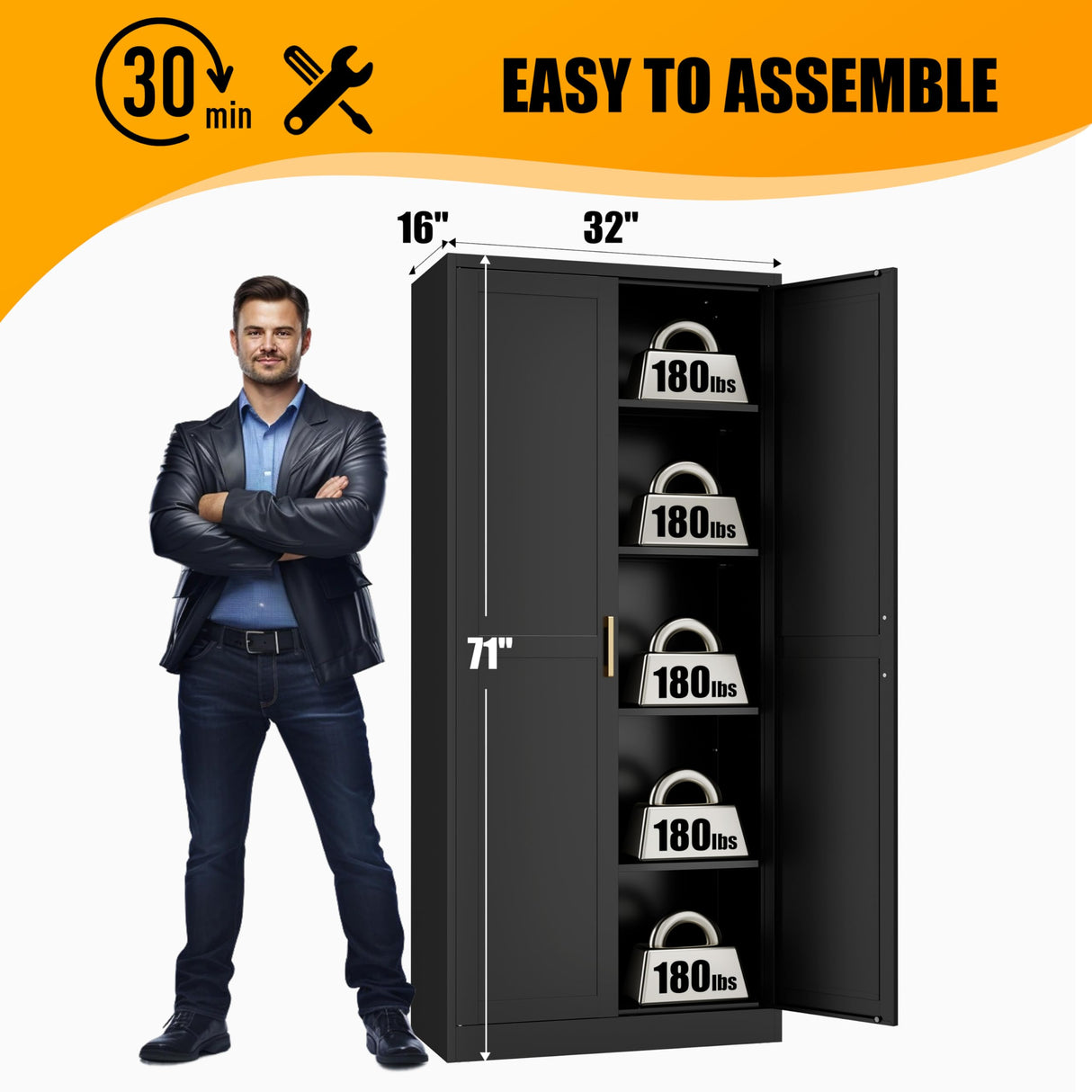 71" Tall Kitchen Storage Cabinet with Gold Handles, Metal Pantry Cabinets with 2 Doors, Food Pantry, Adjustable Shelves, Black Freestanding Pantry Cupboard for Dining Room, Kitchen -Assembly Required MetalMax