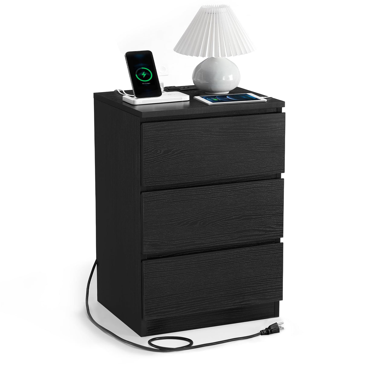 VASAGLE Nightstand with Charging Station, 2 AC Outlets and 2 USB Ports, Bedside Table, Side Table with 3 Drawers, Modern Style, 13.8 x 15.7 x 23.2 Inches, Ebony Black ULET631B58 VASAGLE
