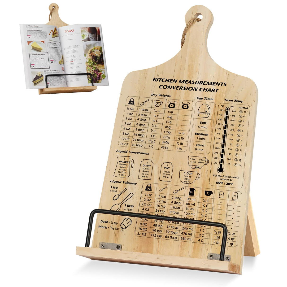 Funistree Kitchen Conversion Chart Cookbook Stand, Sturdy Wood Cook Book Holder, Recipe Cookbook Holder Stand with Kitchen Counters, Kitchen Baking Gifts for Women, Accessiores for Holding Cookbook Funistree