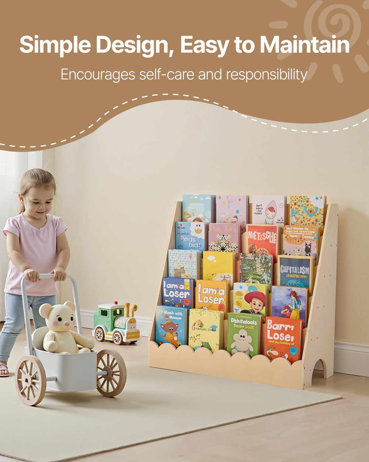 VEVOR 5-Tier Montessori Bookshelf, Scalloped Kids Bookcase, Wooden Book Shelf with 2 Dual Hooks, Daycare Furniture Display Bookshelf for Bedroom, Living Room, Entryway, Nursury, Preschool VEVOR