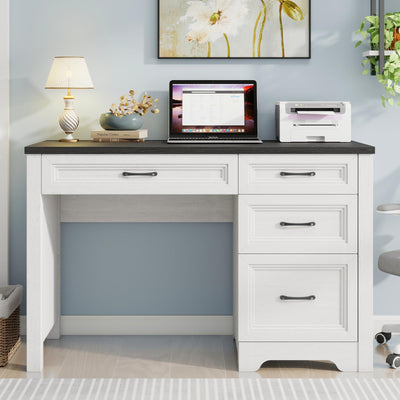 Halitaa Farmhouse Executive Desk with Drawers, Wood Computer Desk with Ample File Drawer, Rustic Home Office Desk with Storage for Bedroom, Living Room, Black