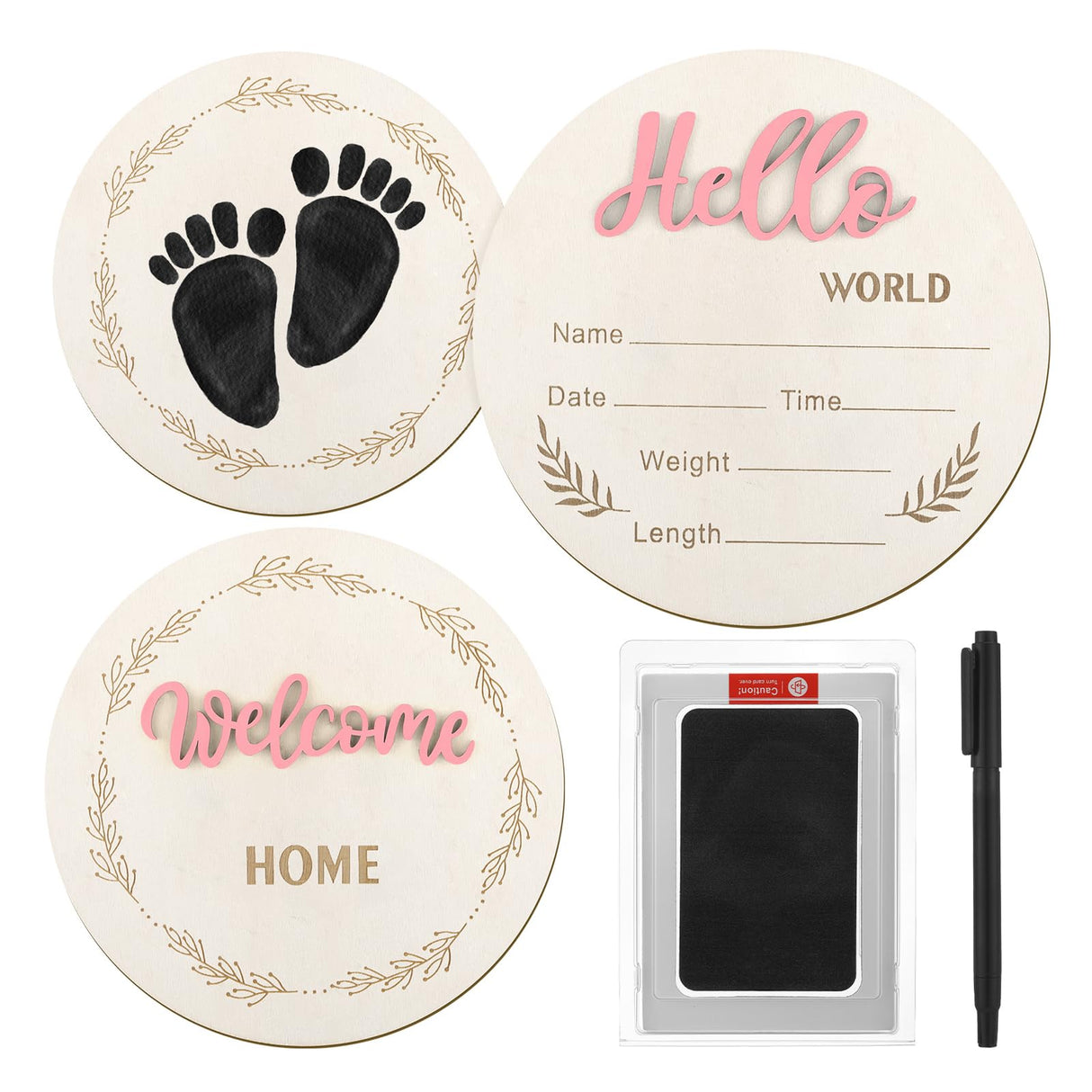 2 Pcs Baby Announcement Sign, 5.9in Hello World Newborn Sign with Ink Pad Pen, Birth Announcement Sign Wood Baby Name Sign for Hospital Nursery Baby Shower Photo Prop auroray