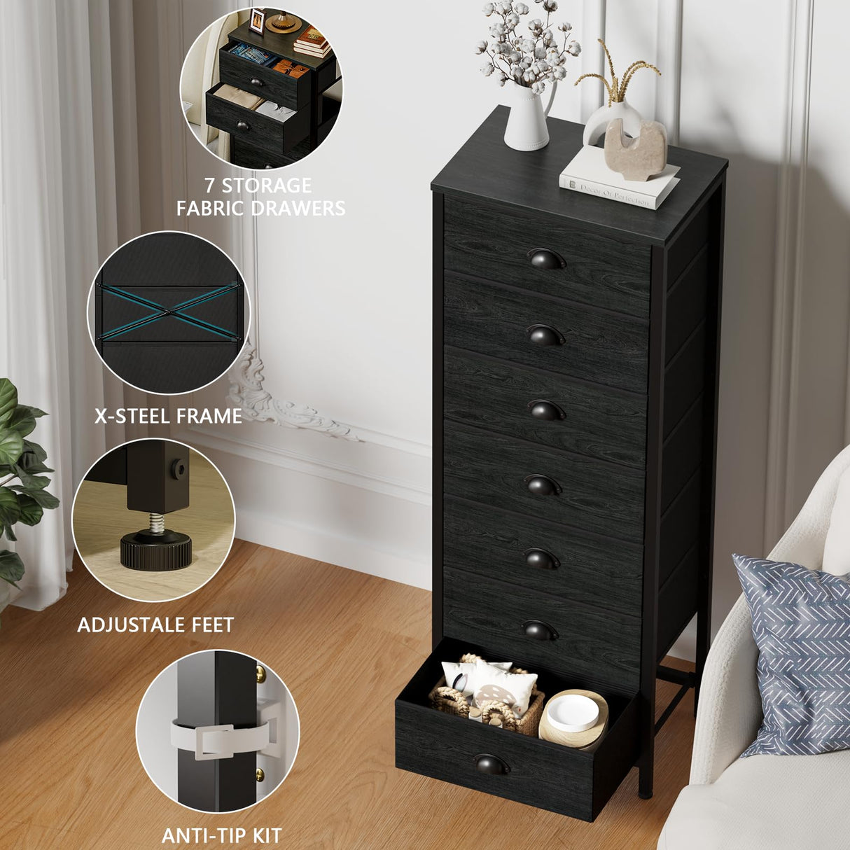 Furnulem Bedroom Dresser, Tall Dressers & Chests of Drawers with 7 Fabric Bins, Black Dresser Organizer in Closet,Dorm,Living Room,Nursery,Hallyway-Storage Tower Unit Sturdy Steel Frame, Black Oak Furnulem