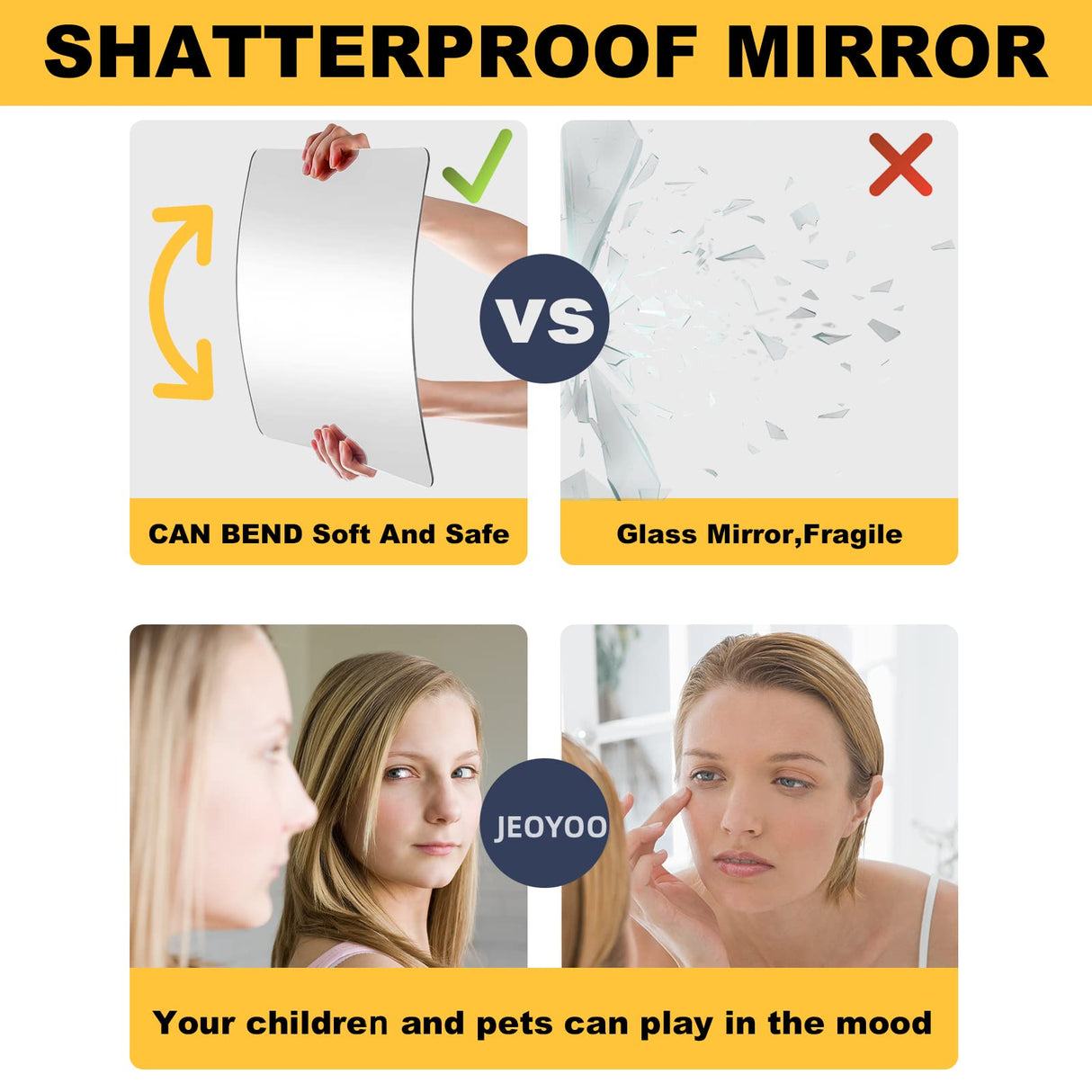 JEOYOO Wall Mirror Full Length, Cheap Over / on Door, Acrylic, shatterproof Mirrors for Home Gym, 8"X8"-4 Pcs, Workout Non Glass Mirrors for Bedroom, Kids JEOYOO
