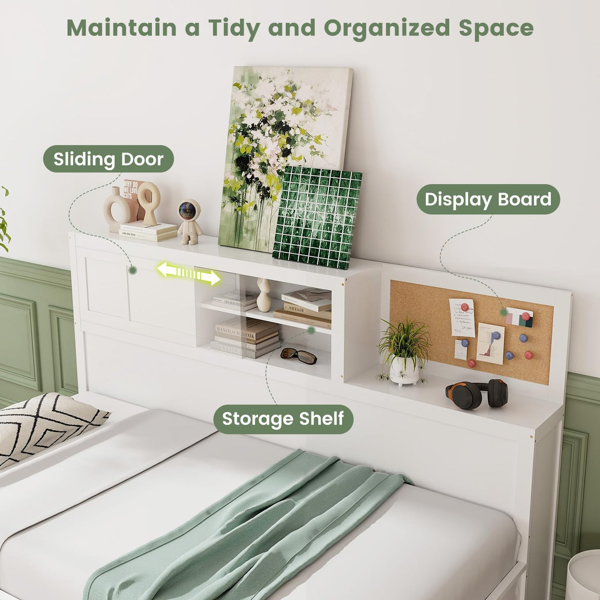 Giantex White Twin Daybed with 3 Storage Drawers, Cork Board & Sliding Door Giantex