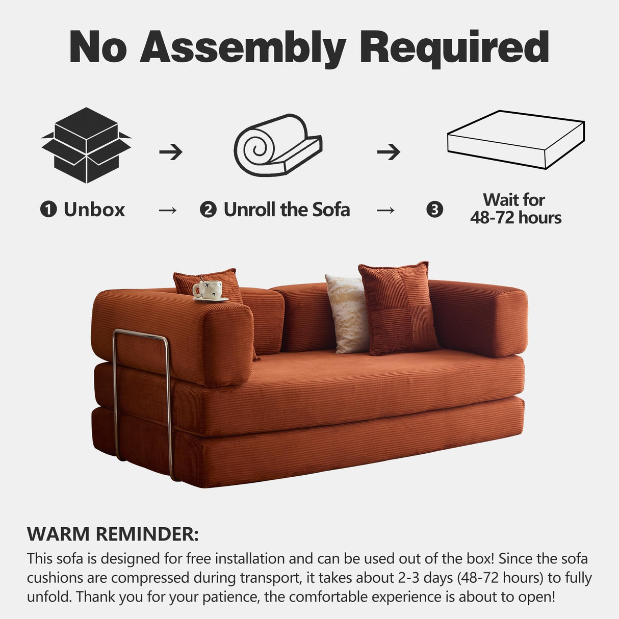 LIAROO 78.8" Convertible Sofa Bed - Compression Sofa with Corduroy Fabric - with Armrests and Backrest - Modular Sectional for Living Room, Bedroom, Studio - Compression Sofa in Box (Orange) LIAROO