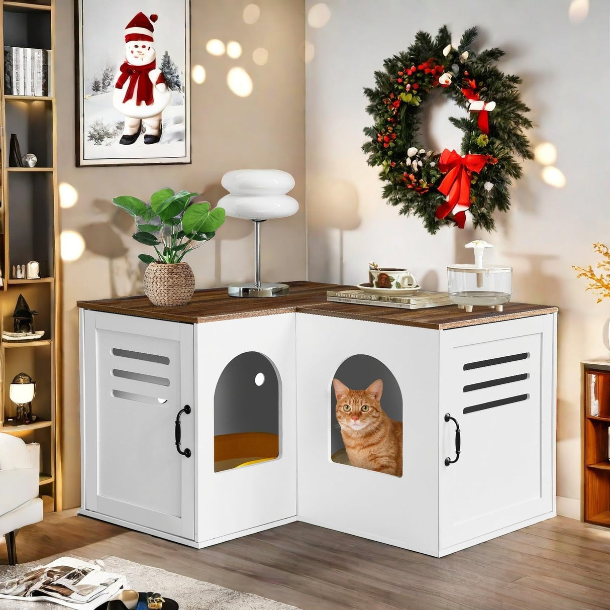 Corner Litter Box Enclosure for 2 Cats, Hidden Litter Box Furniture, Litter Box Cabinet with Double Room, Indoor Cat House End Table, 31.5 x 17.7 x 19.7 in, White JanflyHome