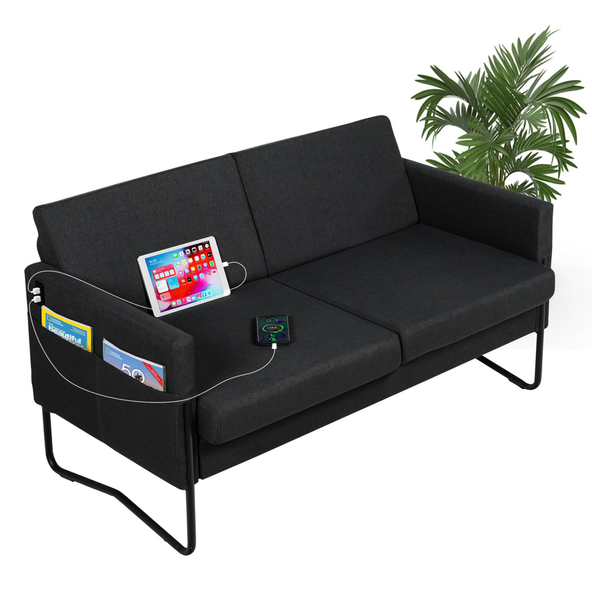 STHOUYN 51” Small Loveseat Sofa for Small Spaces, Comfy Black Couch with 2 USB Ports, Modern 2 Person Loveseats for Living Room Bedroom, Mini Teen Office Couch (Black) STHOUYN