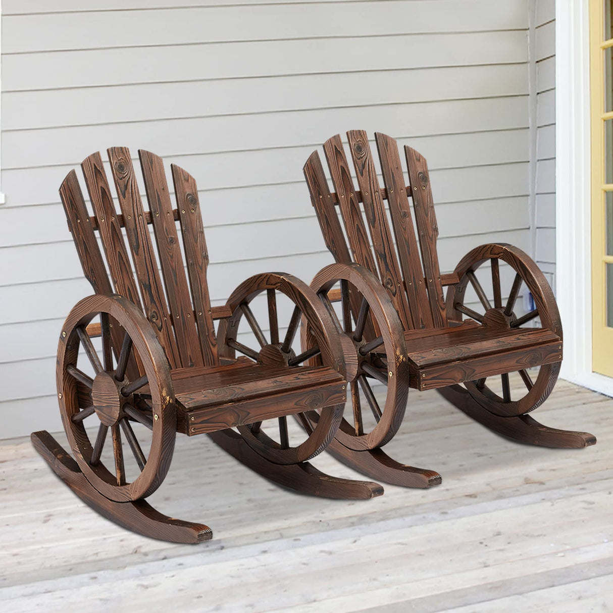 kinbor Rustic Outdoor Rocking Chairs Set of 2 - Rocker Chairs Wooden with Oversized Back and Wagon Wheel Armrest, Porch Patio Lawn Garden Furniture, Brown kinbor