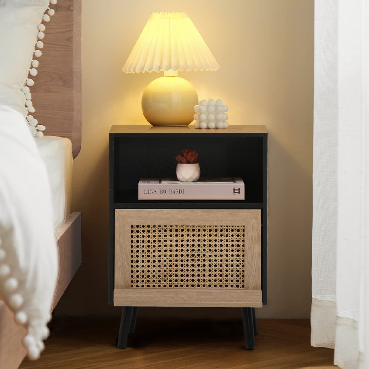 Anbuy Rattan Nightstand Set of 2, Wooden End Side Table, Bedside Table with Open Storage Shelve and Door, Night Stands for Bedroom Living Room 2-Pack Anbuy