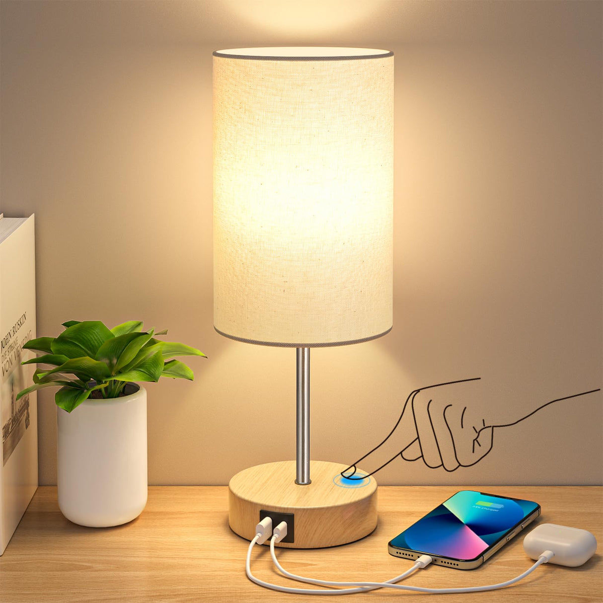 AKASUKI Table Lamp for Bedroom, 3 Way Dimmable Touch Lamp with Dual Charging Station, Small Bedside Lamps for Night Stands, Living Room, Office(LED Bulb Included) AKASUKI